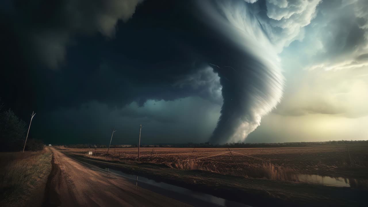Dramatic wide-angle shot of a massive tornado over a rural landscape, capturing the raw power