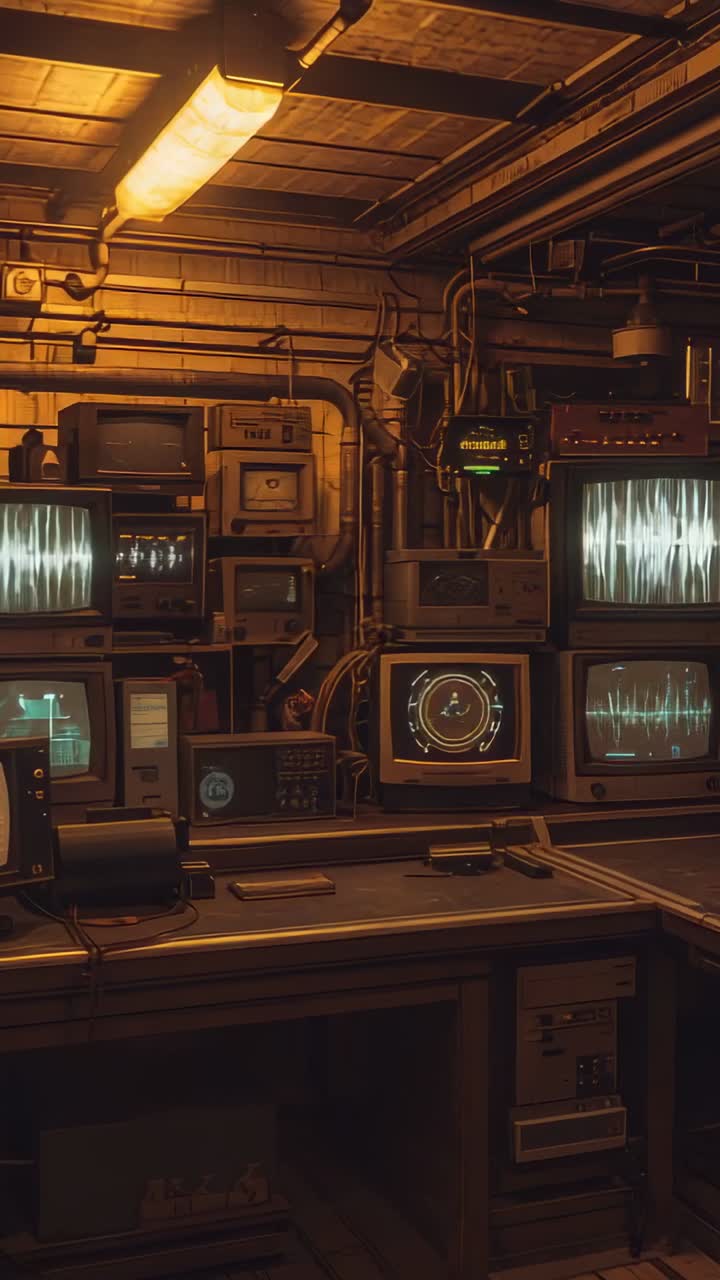 Vertical video: Power supply activating CRT monitors displaying waveforms in wooden control room