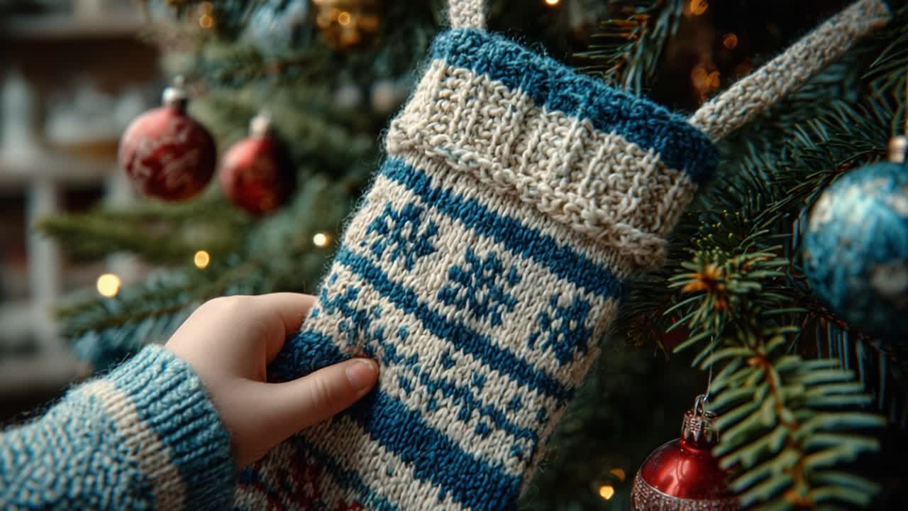 A Festive Holiday Stocking Hanging on a Christmas Tree, Showcasing Beautiful Knitted Patterns and Ornaments in the Background, Evoking Warm Memories of Family Traditions