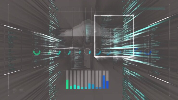 Animation of financial data processing over grey background