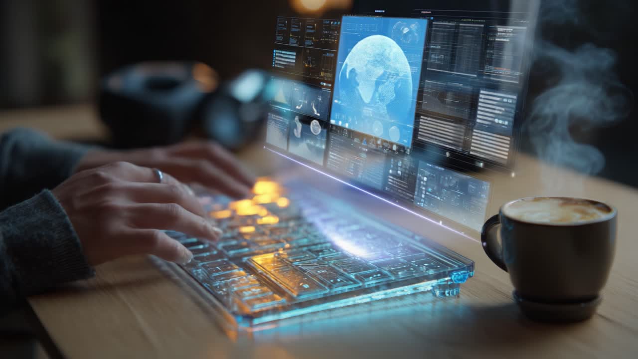 A Futuristic Workspace: Engaged in Advanced Data Analysis with a Transparent Keyboard, Multimedia Display, and Coffee, Merging Technology with Comfort and Innovation for Enhanced Performance