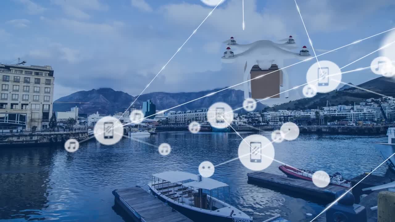 파셀과 풍경과 함께 드론을 통해 아이콘과 연결 네트워크의 애니메이션