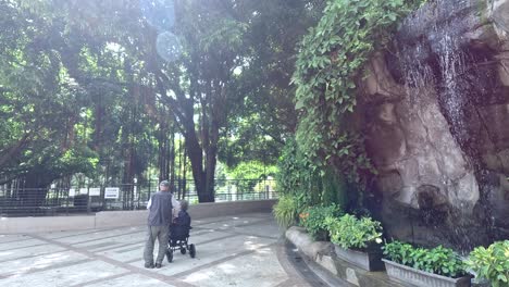 park scene with elderly people and waterfall