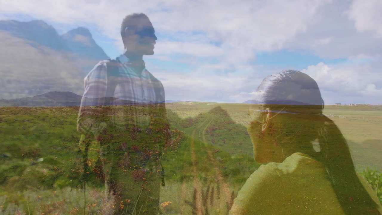 Hiking partners walking along dirt path, showing animated health stats and elevation chart