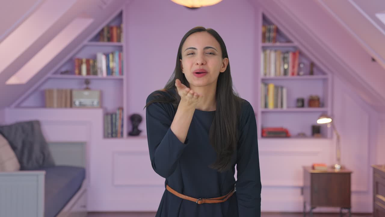 chica india feliz dando besos voladores