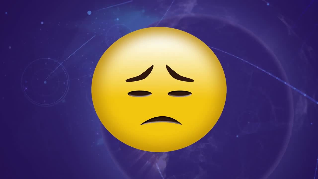 Animace ikony smutného emoji přes síť spojení a glóbus.