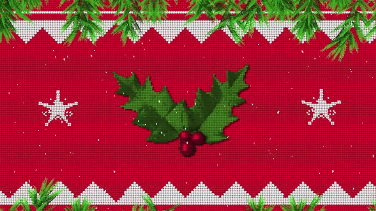 animación de nieve cayendo sobre muérdago y abetos sobre fondo rojo