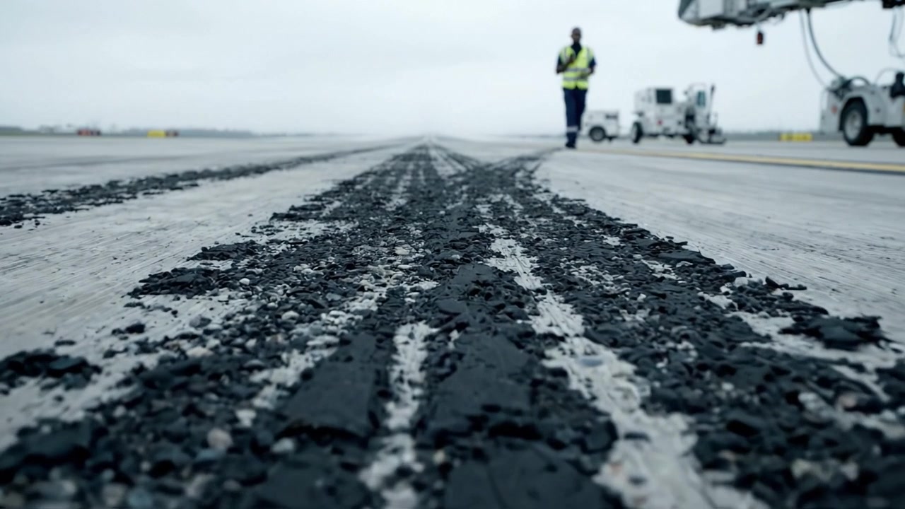 Una vista ravvicinata della manutenzione della pista: che cattura la superficie texturizzata di una pista aeroportuale con segni di pneumatici e attrezzature di manutenzione sullo sfondo.