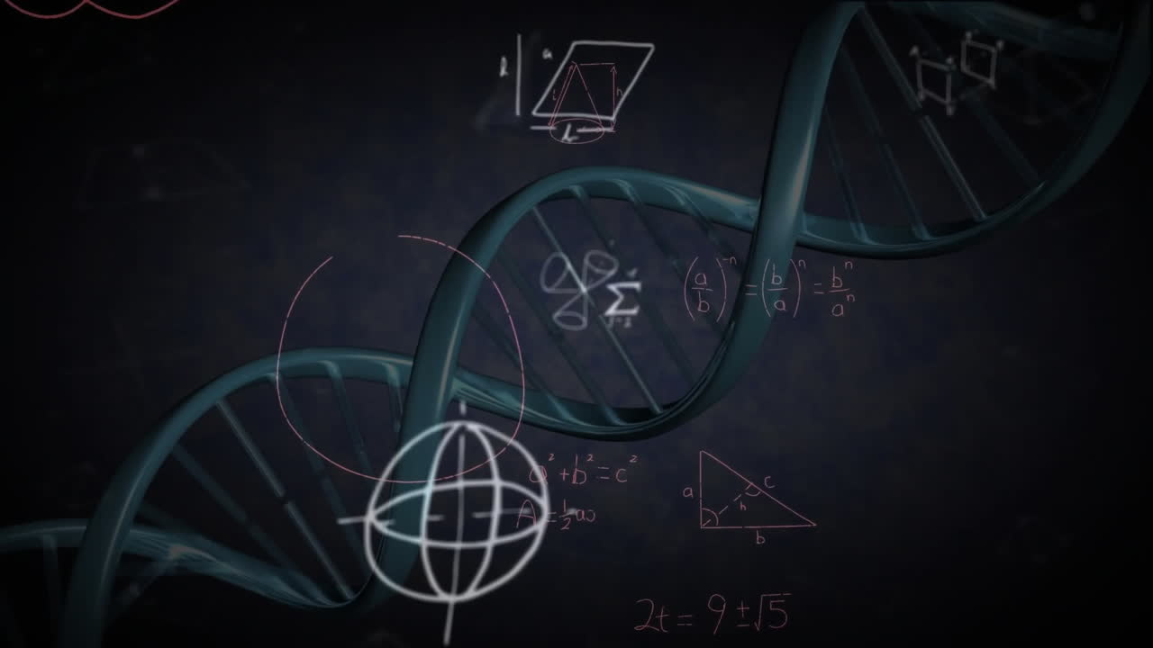 Animation of mathematical equations over dna strand on black background