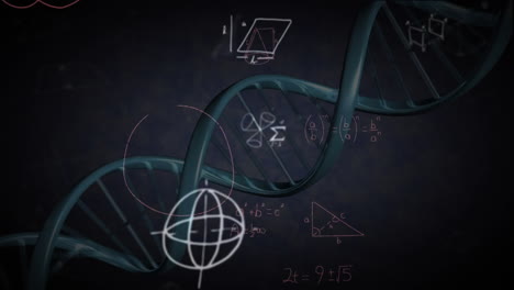 animación de ecuaciones matemáticas sobre la cadena de adn sobre un fondo negro