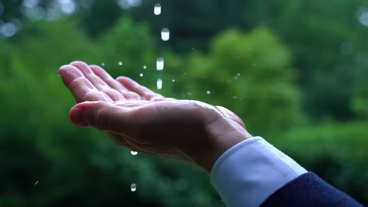 A hand outstretched catching falling raindrops