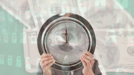 Animation-of-hands-holding-clock-over-banknotes