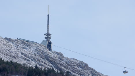 ulriksbanen cable car approaching the upper station at the summit of mount ulriken in winter