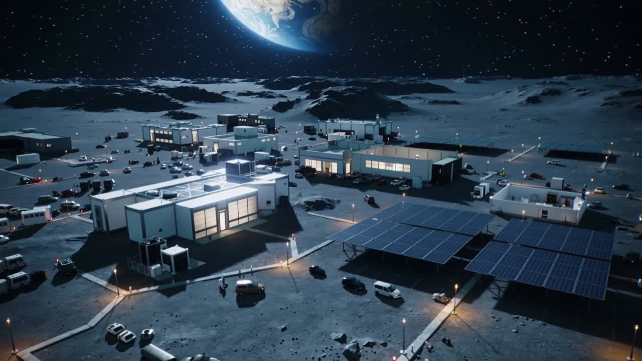 Pulling back, panning camera revealing lunar base on lunar plain, surveying solar array and rovers