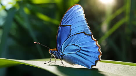 a stunning blue butterfly resting on a green leaf in the sunlight