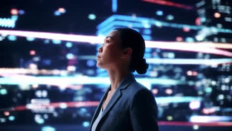 a deep reflection: exploring futuristic urban landscapes through the contemplative gaze of a businesswoman amidst neon city lights