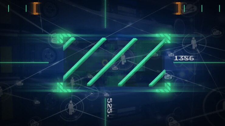 Animation of lines in viewfinder over changing numbers and connected icons on abstract background