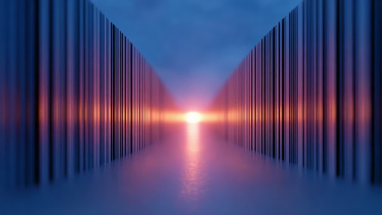 A stunning visual spectacle of light emerging from between two metallic structures, revealing a captivating sunset horizon in a serene, atmospheric environment