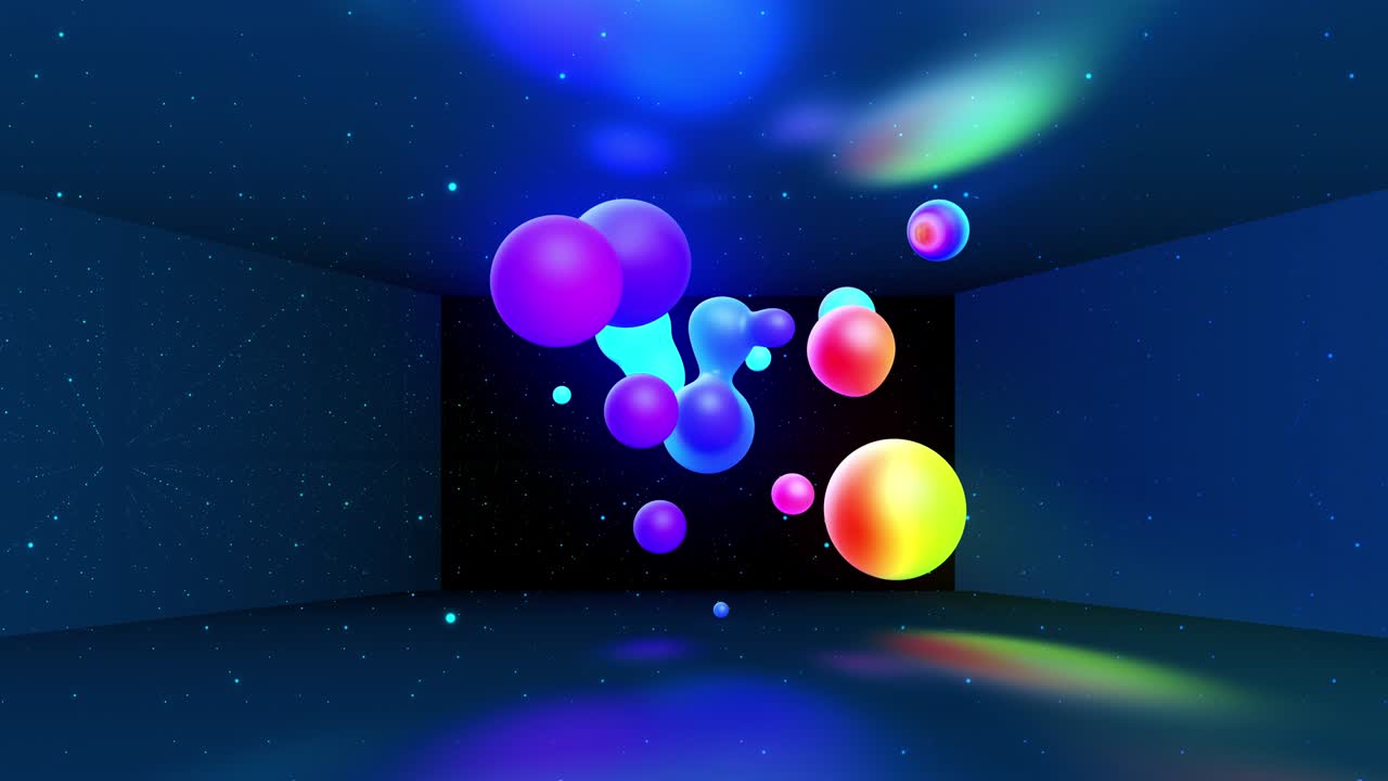 Spheres merge like liquid drops or metaballs move in-air smoothly, like underwater. Abstract liquid gradient of colors on beautiful 3d spherical forms, multi-colored glow, scattering light inside. 36