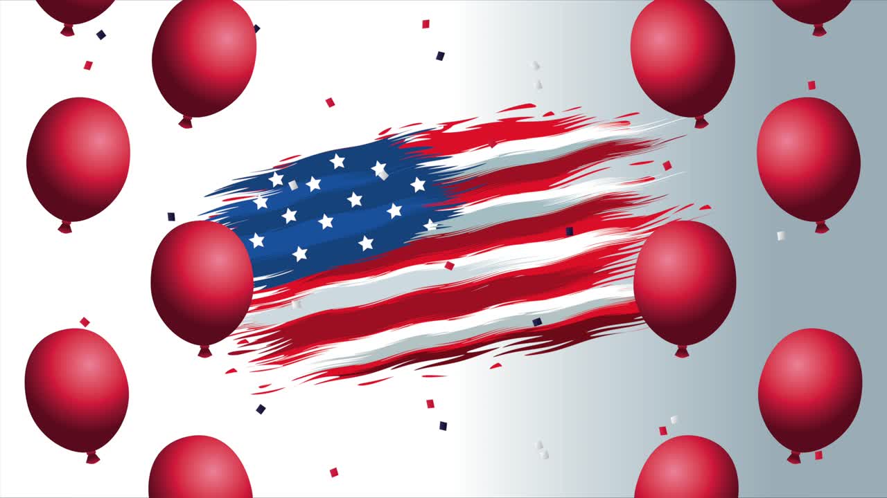 estados unidos de américa celebración tarjeta animada con globos de helio y bandera pintada