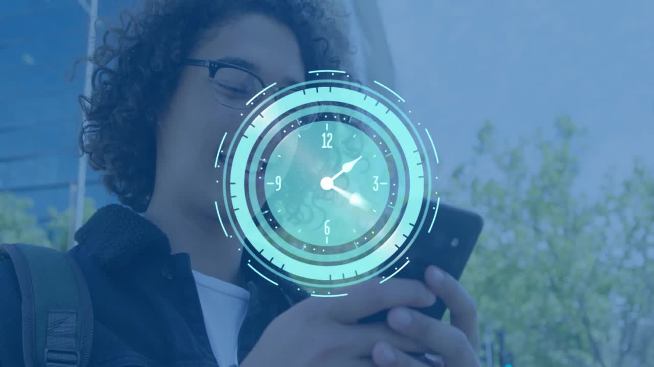Man tapping phone, starting expanding clock HUD for tech, peaking, contracting, sliding to phone