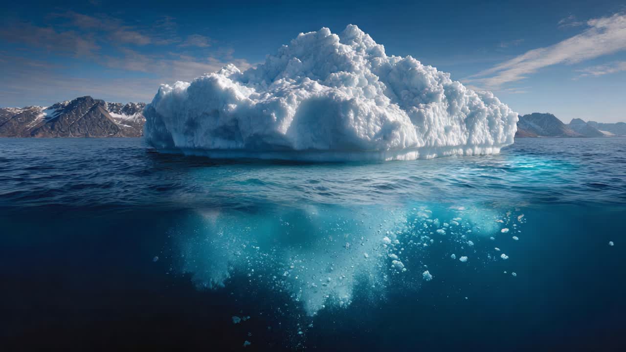 Majestic Iceberg Rising Above Calm Waters with Glacial Reflections Captured in a Stunning Natural Landscape Under Clear Blue Skies