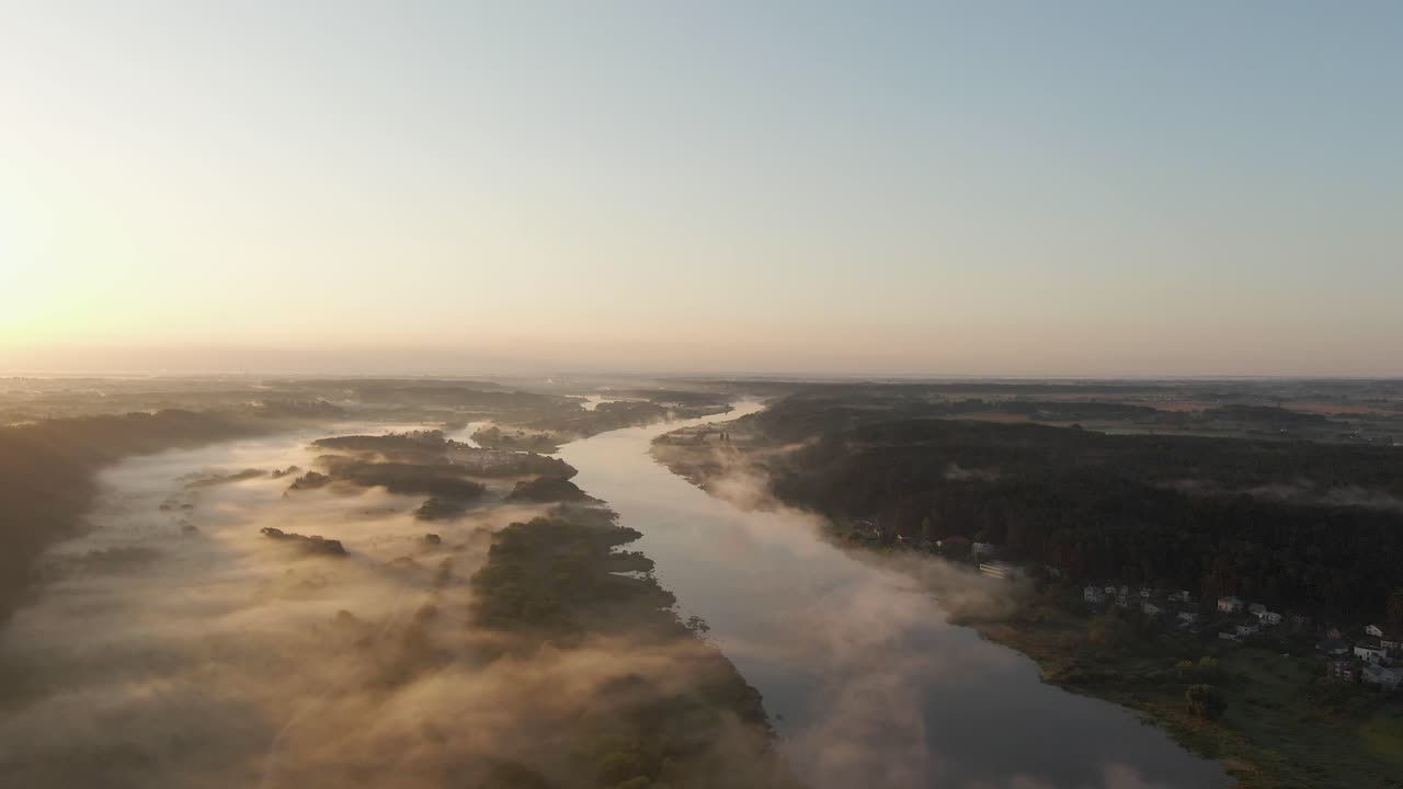 Flying over river Nemunas  with fog in the early morning near Raudondvaris, Lithuania