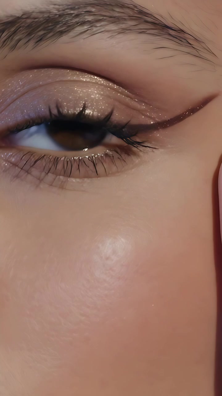 Vertical video: Closing right eye in studio with finger on cheek, showing shimmer lid and liner