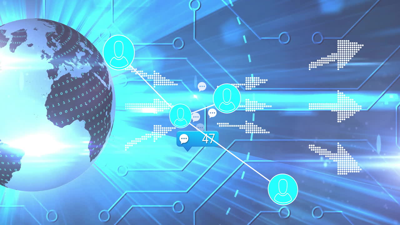 Global communication network animation over digital world map and user icons