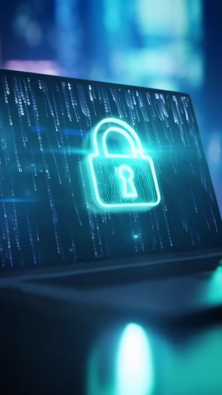 Concept video di cybersecurity con visuale dal basso di un laptop che mostra un lucchetto digitale
