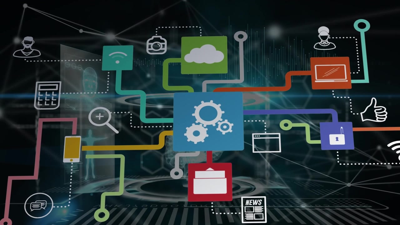 Animation of data processing and media icons on black background