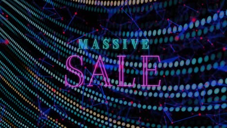 Animation-of-neon-massive-sale-text-banner-against-plexus-networks-and-light-trails