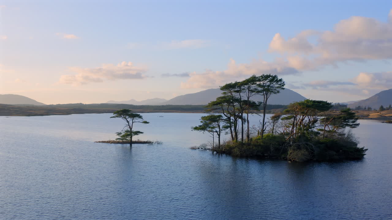 Aerial low medium orbit of tree covered island reflecting in still waters at sunrise, Lough Bofin Ireland, Connemara, Galway, Ireland