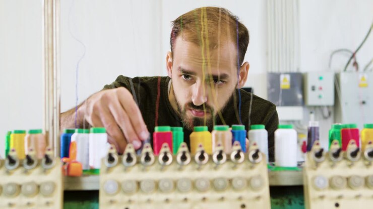 Uomo che lavora in una fabbrica tessile controllando la macchina da cucire