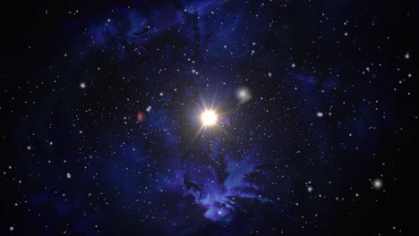 a bright, moving star against a background of blue nebula clouds