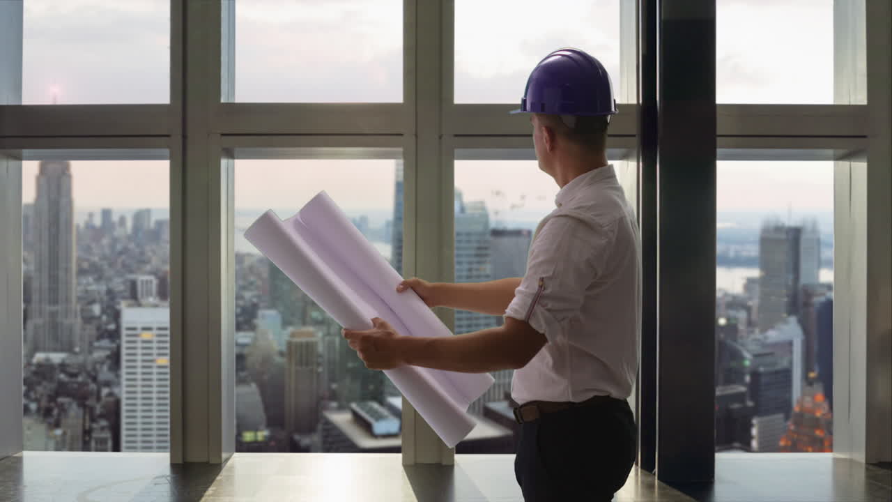 arquitecto revisando planes con vista a la ciudad