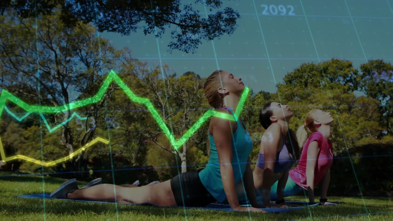 Tres mujeres pasando de la postura del niño a la del perro mirando hacia arriba en una rutina de ejercicio, mostrando datos de rendimiento.