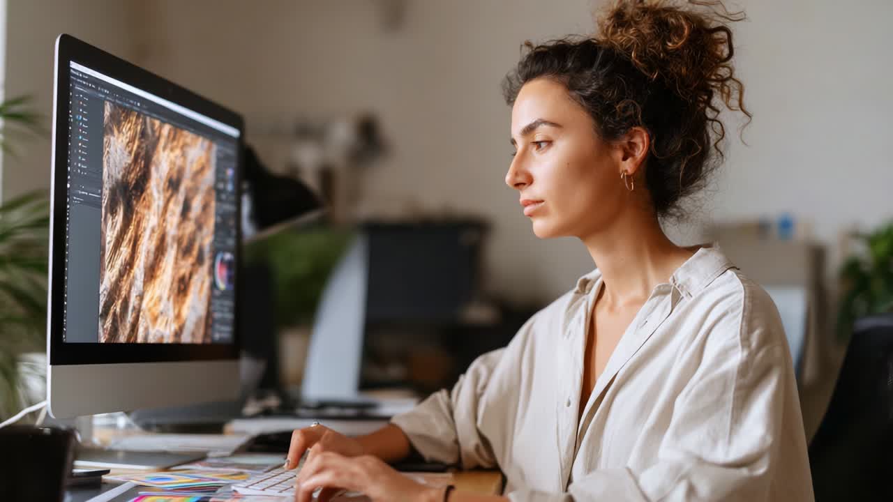 A focused designer working meticulously at her computer desk, analyzing a detailed design on her monitor, showcasing creativity and attention to detail in a modern and well-organized workspace