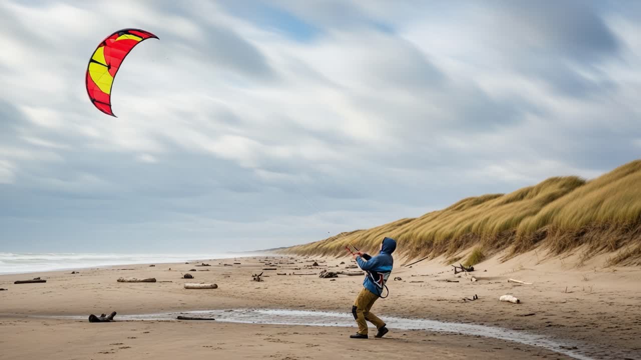A Passionate Kite Surfer Harnessing the Wind's Power on a Relatively Empty Beach, Relishing the Freedom of Outdoor Adventure Along the Vast Shoreline