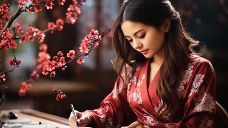 a woman in traditional attire writing at a table surrounded by blossoms