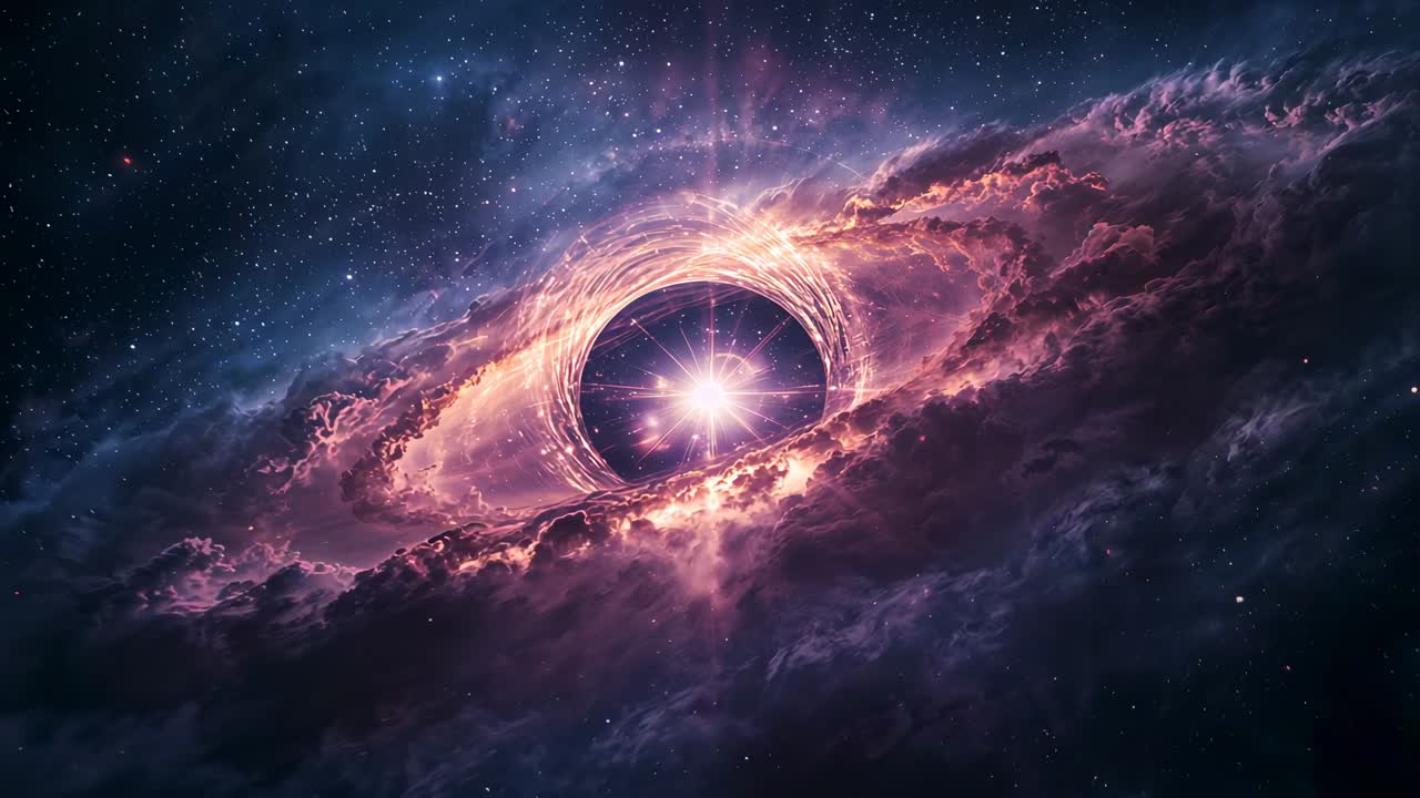 Opening camera orbiting cosmic vortex in space, capturing nebula clouds and glowing accretion disk