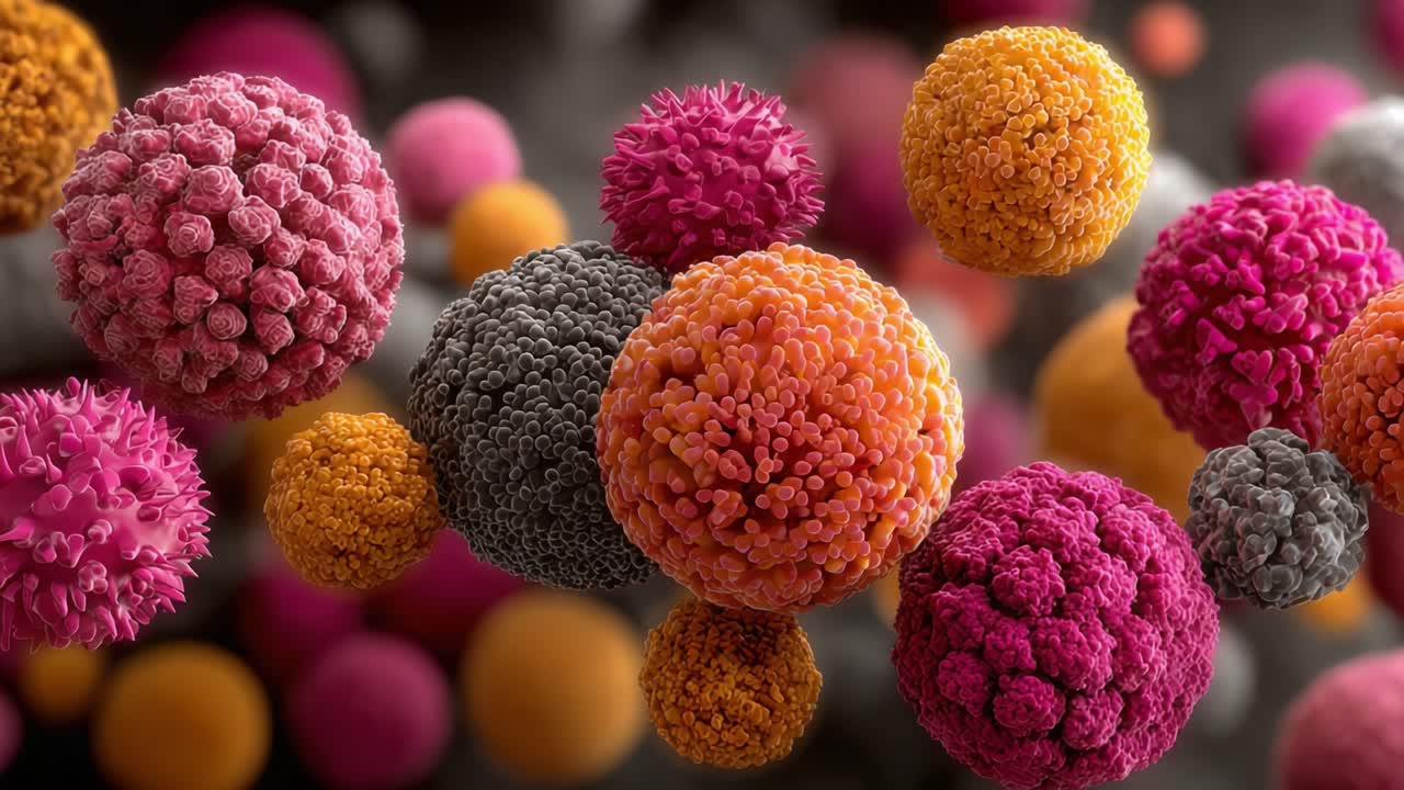 Una visualizzazione sbalorditiva della vita microbica colorata, che mostra sfere vibranti in varie texture e tonalità, evidenziando i complessi motivi all'interno di un mondo microscopico