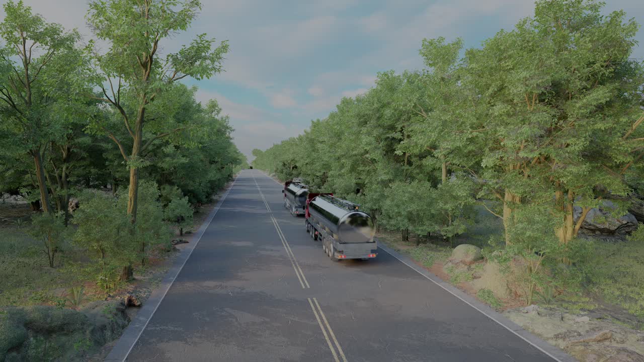 Two Gasoline Tanker Semi Truck On Asphalt Road. Silver Fuel Semi Truck Fast Driving On Straight Freeway In Countryside Dense Forest