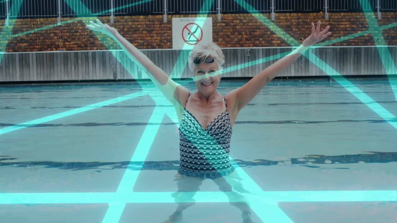 In pool, elderly woman swimming with glowing geometric lines animation overlay