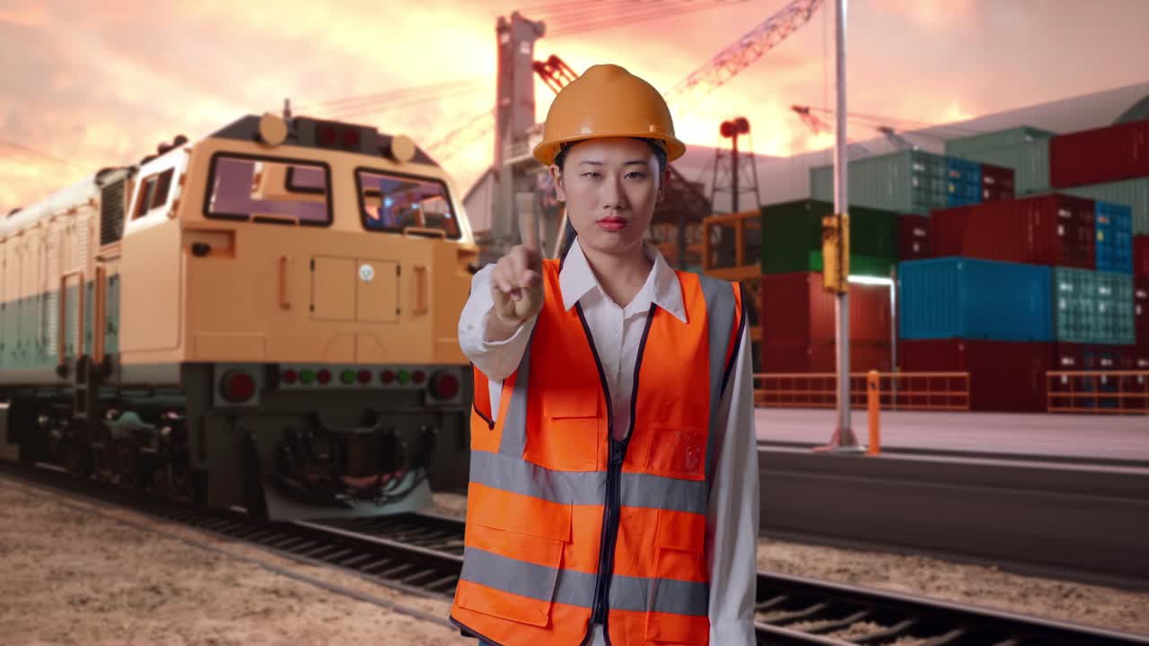 Asian Female Engineer With Safety Helmet Disapproving With No Index Finger Sign With Freight Cargo Train At Port