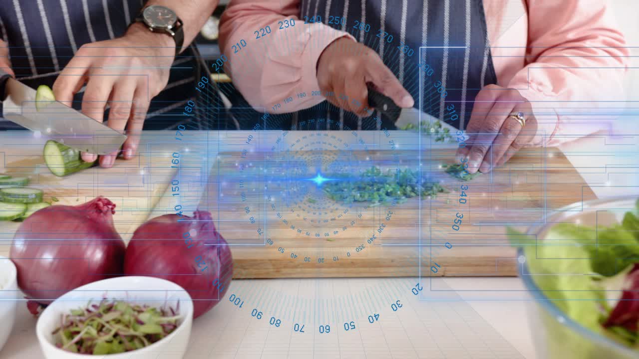 Man starting slicing cucumber, woman chopping herbs, HUD overlaying, preparing cooking salad