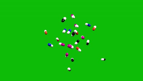 Pills-of-various-colors-thrown-upwards-and-falling-down,-like-jackpot,-on-green-screen-3D-animation