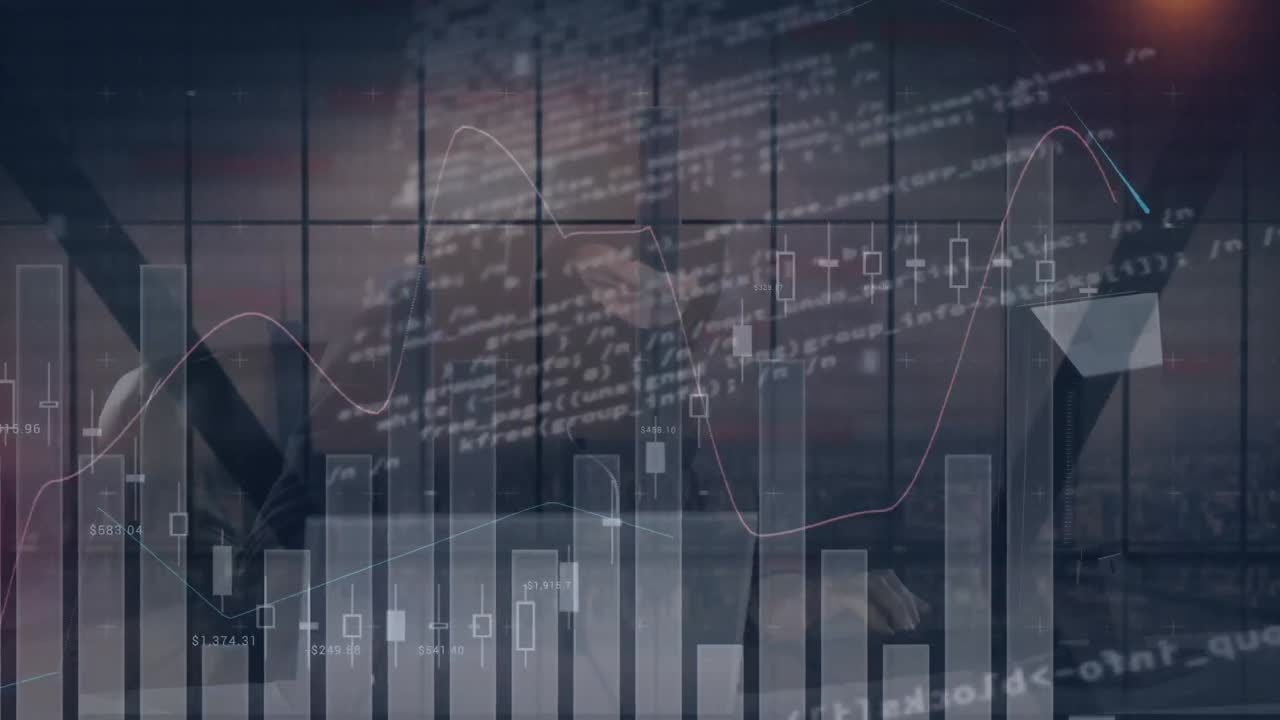 Animation der Daten- und Statistikverarbeitung über einem Computerhacker