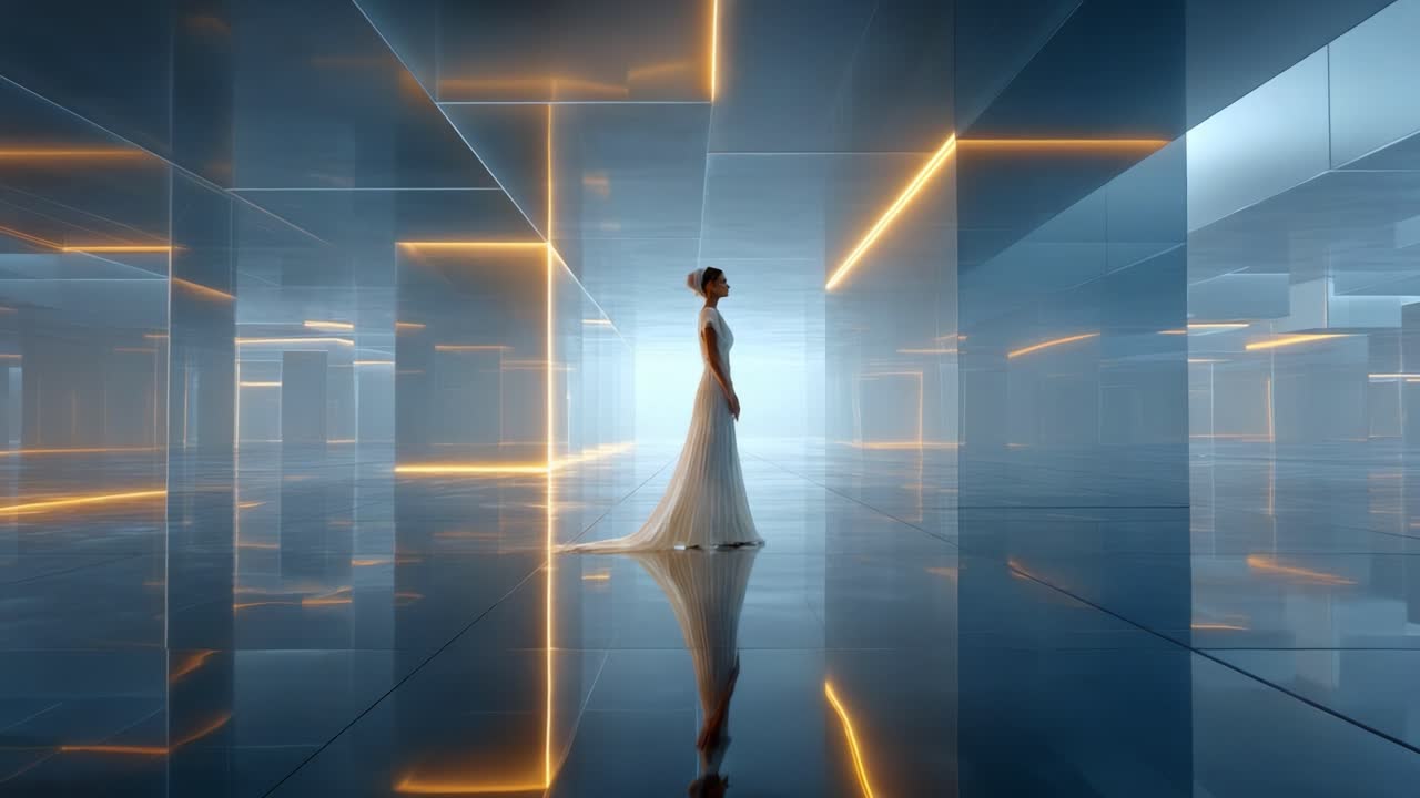 A lone figure stands in a mesmerizing, futuristic space filled with reflective surfaces and illuminated lines, creating a stunning contrast of light and elegance in an innovative environment