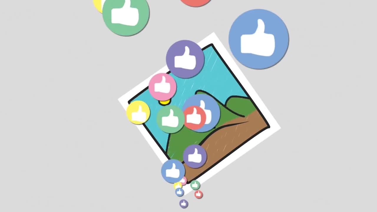 цифровая анимация нескольких красочных икон, плавающих на фоне гор, пейзажа, поляроида